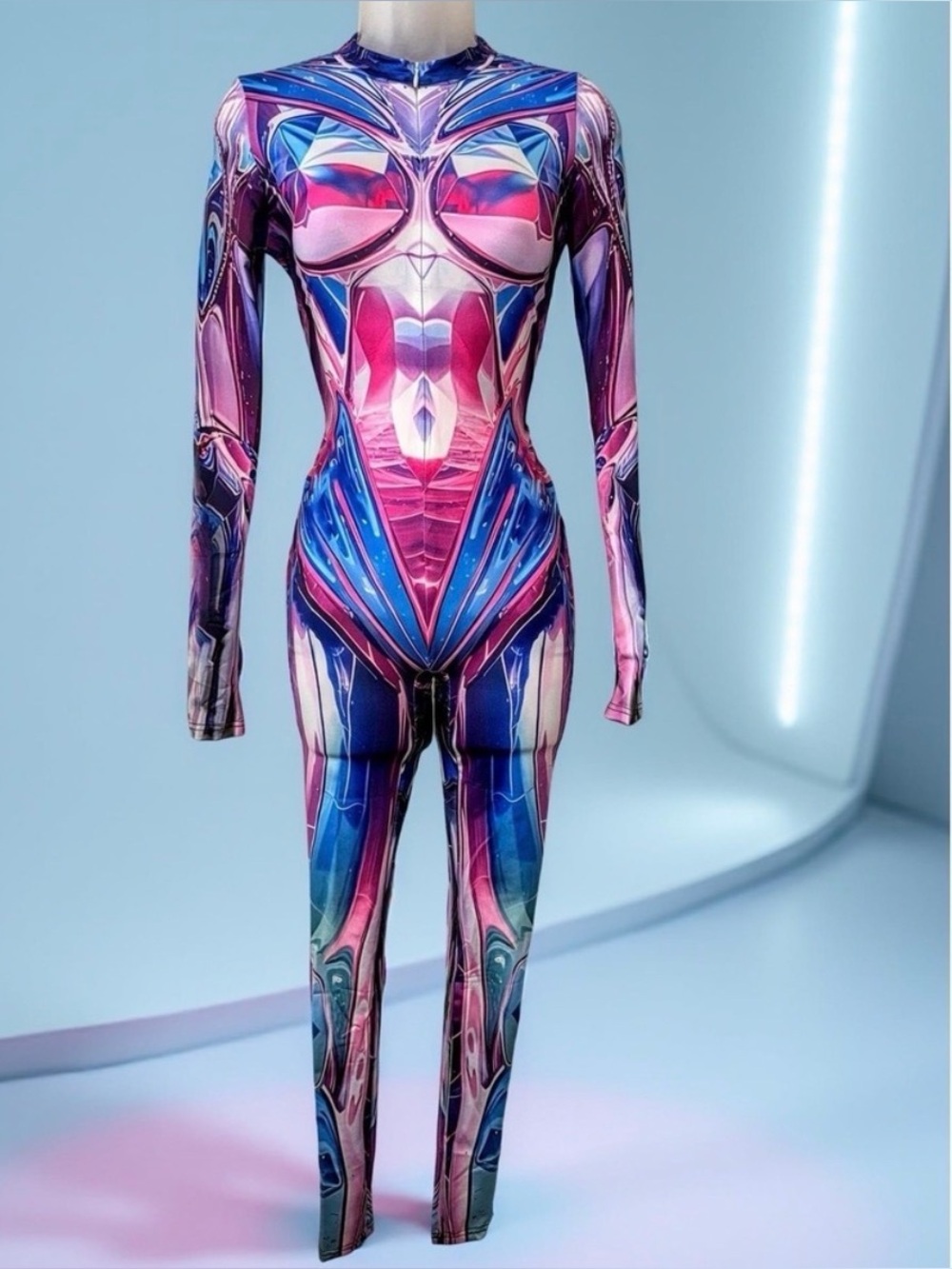 New Small Pink Mirror Spandex Jumpsuit Catsuit Rave Illusion Metallic Cyberpunk